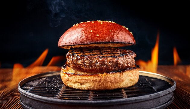 juicy grilled patty on a toasted bun with grill marks and seasoning