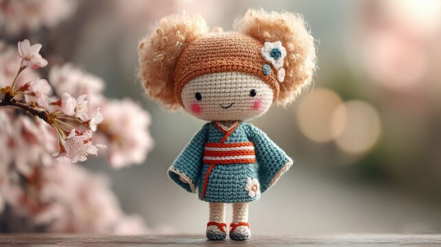 Crochet doll dressed in traditional kimono with floral accents, standing on a wooden surface with cherry blossom branches in soft focus background