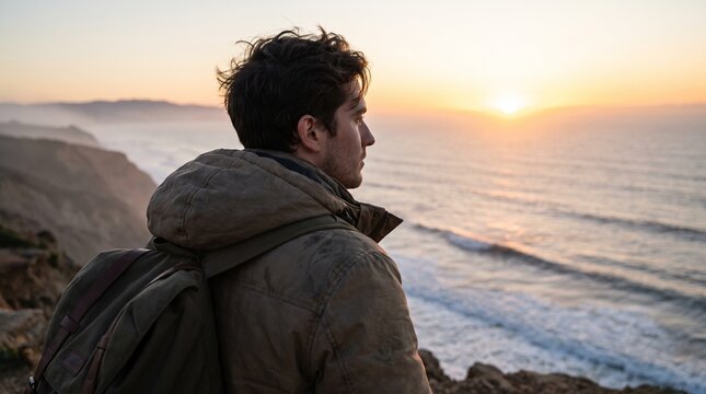 Contemplation at Dawn: A lone traveler stands on a cliff overlooking a vast ocean, watching the sunrise paint the sky with vibrant colors, embodying a spirit of adventure and reflection.