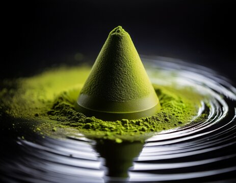 close up of vibrant green matcha powder in a conical shape delicately placed on a dark surface with concentric water ripples soft lighting enhances