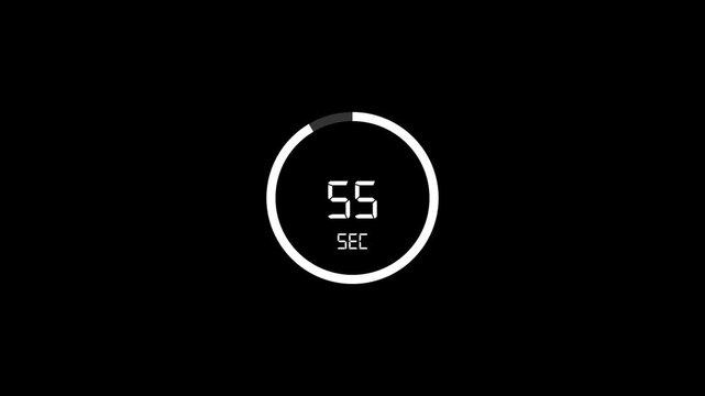 One minute countdown animation on a transparent background, 1 minute circle countdown timer from 60 to 0 second with alpha channel, one minute circle countdown video	
