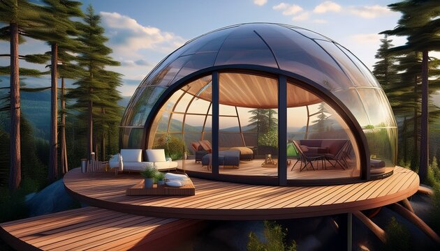 modern geodesic dome home with deck and forest views