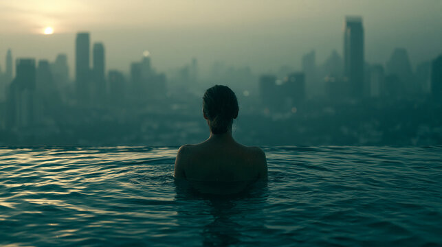 A photorealistic, cinematic shot of a woman seen from behind in an infinity pool, watching the sun rise over a hazy, vast metropolitan skyline.