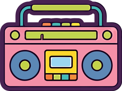 Colorful retro boombox illustration featuring a vintage cassette player design in a vibrant cartoon art style