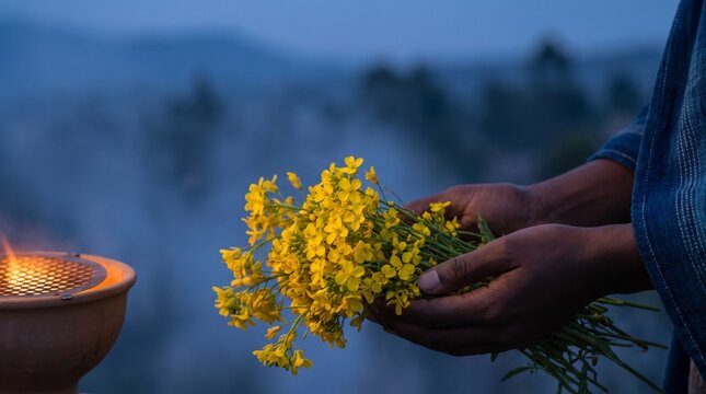Meskel flowers carried in warm ceremonial light