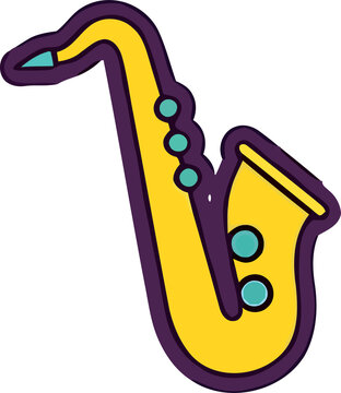 A colorful cartoon style illustration of a golden saxophone isolated on a plain black background