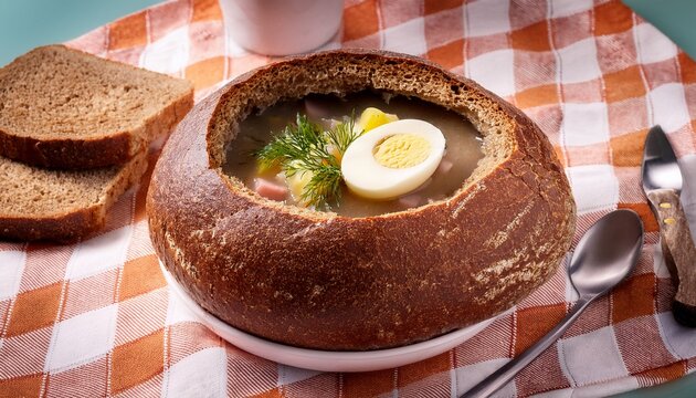sour rye soup served in a hollowed bread loaf with egg and sausage tablecloth pattern pickles and rye bread