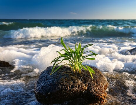 small green plant growing on rock by ocean wave representing sustainability