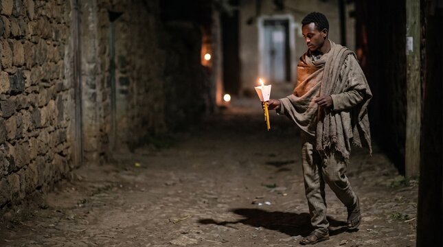 Meskel participant walking with a candle through a village lane