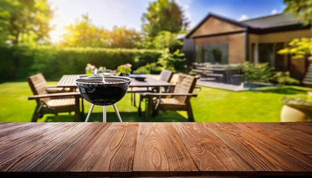 summer backyard bbq party with grill wooden table and blurred garden background