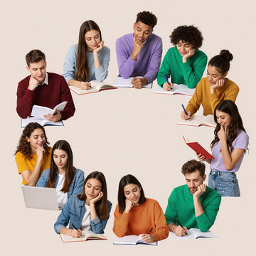 Art Deco Collage Multinational. A Collage Of Cheerful People Studying And Having Fun, Isolated On A Beige Background