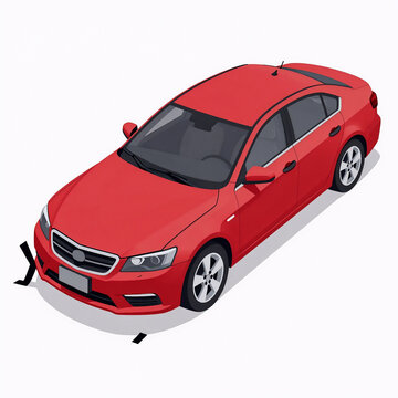 Minimalist Insurance Toon. Rgb Color Illustration Of A Crashed Red Sedan In A Cartoon, Isolated Top View On White Background For Insurance Claim