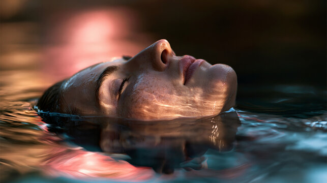 A close-up photograph of only the face of a woman with eyes closed, peacefully floating in calm, dark water with soft, warm reflections on her skin.