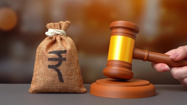 Indian rupee money bag and a judge's gavel. Refunds and tax returns. A court case and verdict, compensation in a court case.