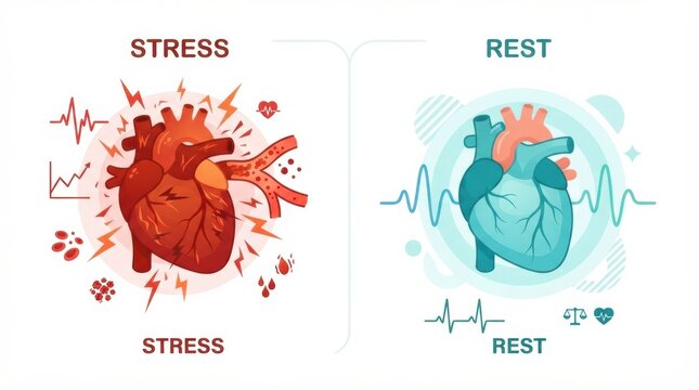 Illustration contrasts stress and rest, showing the impact on heart health. One side shows stress effects, while the other shows restful benefits.