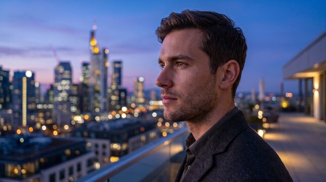 Urban Serenity: A contemplative man gazes out at the glittering cityscape at twilight, a moment of calm amidst the bustling metropolis, embodying urban sophistication and introspection.