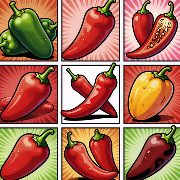 Comic Book Pepper Chile. Asian And Mexican Spicy Food Icons, Featuring Red And Black Outlines Of Chilies