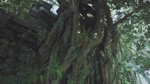 Stone cornice wrapped by winding roots and hanging vines, closeup of architectural detail with moss accents, tactile weathered surfaces and layered foliage,