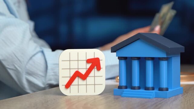 Bank and a rising arrow. Improving the liquidity of bank assets, financial growth. Increase in the bank's client base, depositories, and borrowers. Financial performance