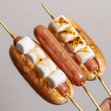 Ukiyo-E Hotdog Smooth. Skewered Hotdogs And Marshmallows On Bamboo Sticks, Filipino Street Food Style