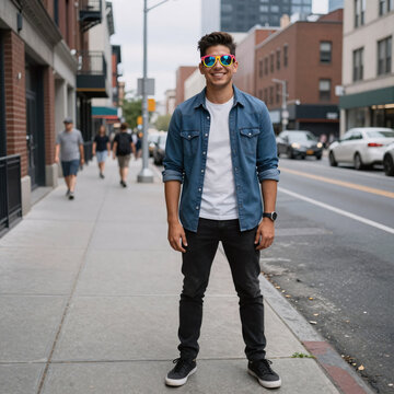 Celtic Art Hispanic Life. Young Hispanic Man Wearing Funny Sunglasses, Smiling Happily On A City Street