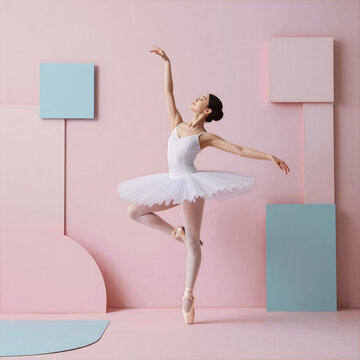 Papercraft Collage Animal. Contemporary Art Collage Featuring A Trendy Ballet Dancer As Puppet-Like Figure On Pastel Background In Urban, Magazine Style