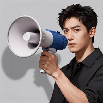 Fashion Illustration Megaphone Advertisement. Individual With A Megaphone Cast In Dramatic Shadow