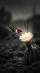Fototapeta premium Hummingbird feeding on a glowing cactus flower