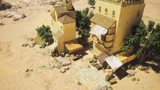 sunrise desert courtyard with market setup, empty stalls awaiting vendors, scattered crates and baskets, textured adobe walls, acacia tree offering shade, warm