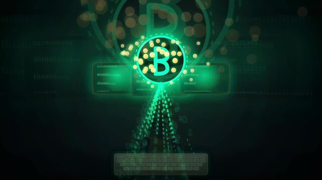 Abstract Digital Bitcoin Symbol with Glowing Green Data Streams and Binary Code Background