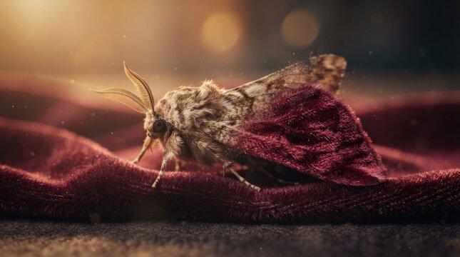 Close-up of a moth on burgundy velvet fabric