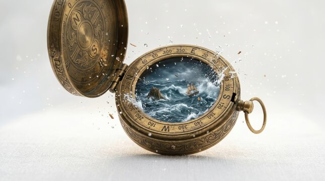 Vintage brass compass with a stormy sea and sailing ship inside