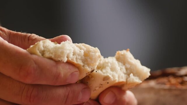 Baguette Bread torn apart by hand, fresh baguette crumb close-up macro shot showing soft airy texture