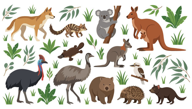 Australian Wildlife Animal Vector Set with Kangaroo Koala Platypus Emu Cassowary and Wombat Surrounded by Eucalyptus Leaves for Nature Education and Kids Prints
