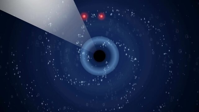 Abstract digital data stream flowing into a central black hole vortex in deep blue space