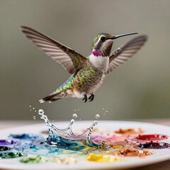 Obraz premium Photorealistic Splash Jungle. A Watercolor Hand-Drawn Sketch Of A Single Hummingbird Mid-Flight