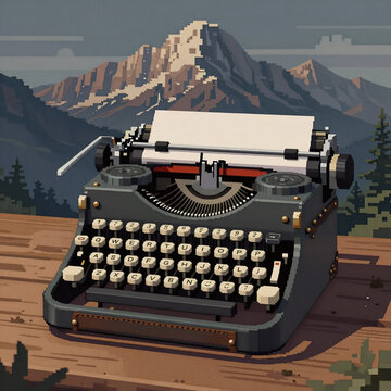 Pixel Art Typewriter Holiday. Retro Typewriter And Mountain Peaks Illustrated In A Textured Hand-Drawn Style