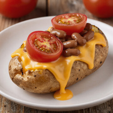 Biomechanical Potato Filled. Traditional British Dish: Jacket Potato With Tomatoes, Beans, Cheddar Cheese