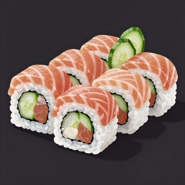 Vector Art Sushi Nobody. A Sushi Maki Set With Salmon And Cucumber Is Featured
