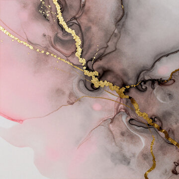 Traditional Chinese Painting Marble Earth. Watercolor And Alcohol Ink Drawing Featuring Abstract Pink, Grey, Earthy Colors With Golden Glitter Brushstrokes On Fluid Marble Background