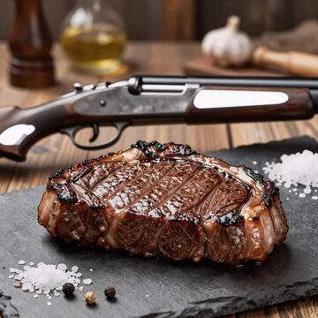 Line Art Pepper Long. Antique Long Gun With Deer Steak, Sea Salt And Pepper In Food-Focused Background For Restaurant Or Hunting Enthusiasts