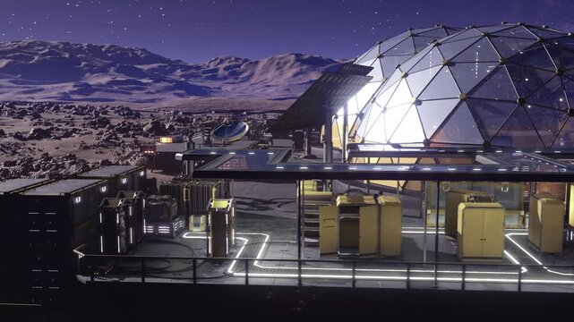 futuristic dome research base at night with illuminated platforms, geodesic habitats, service corridors and technical modules, snowdusted mountains