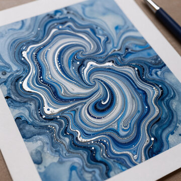 Steampunk Marble Islamic. A Watercolor And Alcohol Ink Abstract Painting On High-Quality Paper, Showcasing Swirling Patterns Of Marble Liquid Ink Against A Blue Silver Background