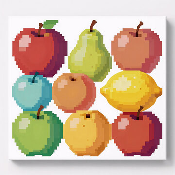 Pixel Art Abstract Vegetarian. Abstract Art Prints Featuring A Collection Of Contemporary Fruits: Apples, Pears, Apricots, And Lemons