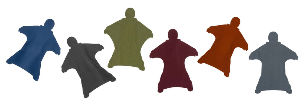Six colorful wingsuit silhouettes in various shades are arranged in a dynamic flying formation, showcasing the gear for extreme sports like skydiving and base jumping