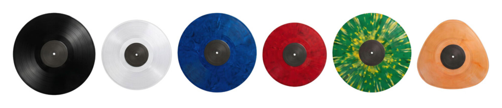 Collection of colorful vinyl records in various designs and shapes, including black, white, marbled, and splattered patterns, arranged in a row for a vibrant music concept