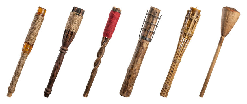 Six different handmade primitive wooden torches with rope, cloth, and metal details, representing ancient tools for light, adventure, and survival in a fantasy setting
