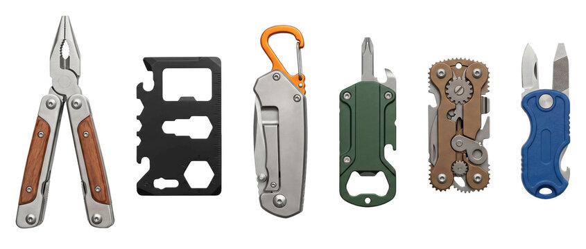 Set of different compact survival multi-tools including folding pliers with a wooden handle, a credit card tool, a carabiner knife, and other pocket-sized utility gadgets