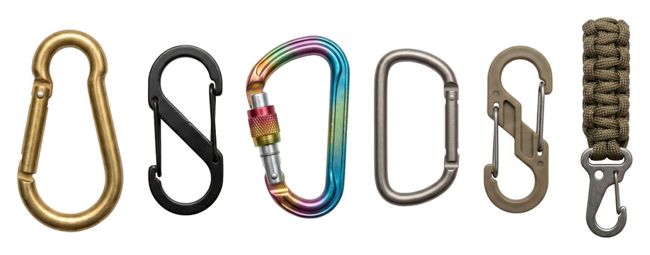 Diverse set of metal and plastic carabiners and clips for climbing and tactical gear, featuring a rainbow screw-lock, a brass hook, and a paracord lanyard in a neat horizontal row