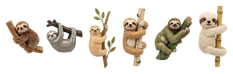 Obraz premium Collection of six adorable sloth figurines in various materials like plush, ceramic, wood, felt, and knit, each clinging to a branch in a charming horizontal row